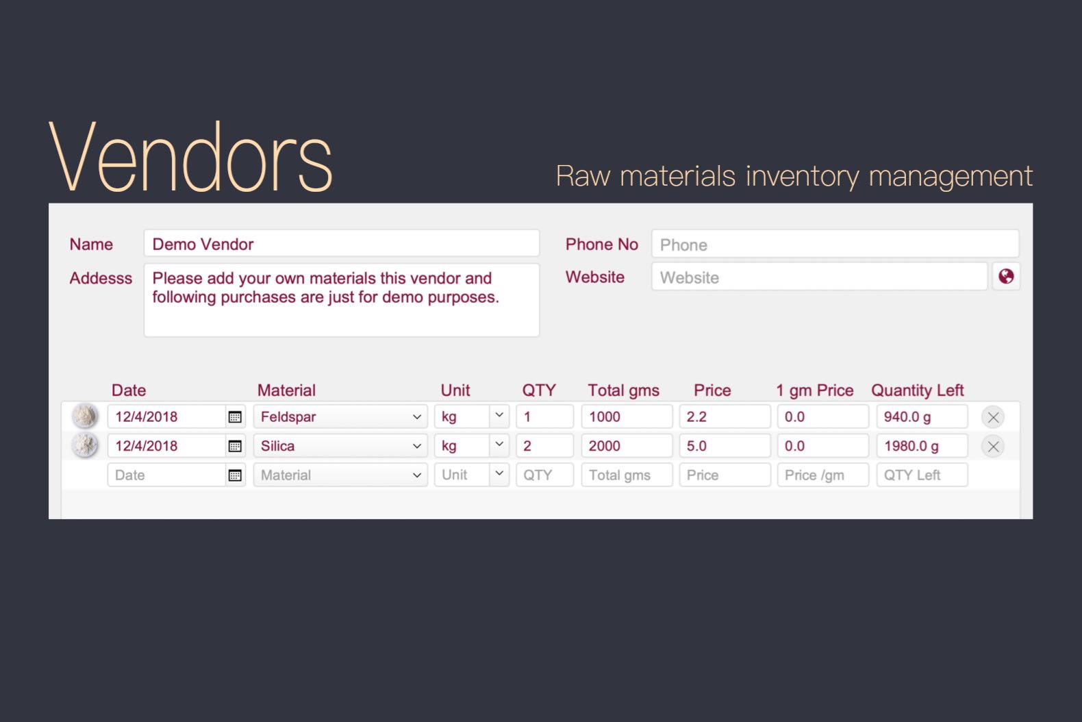 Ceramics raw materials inventory system